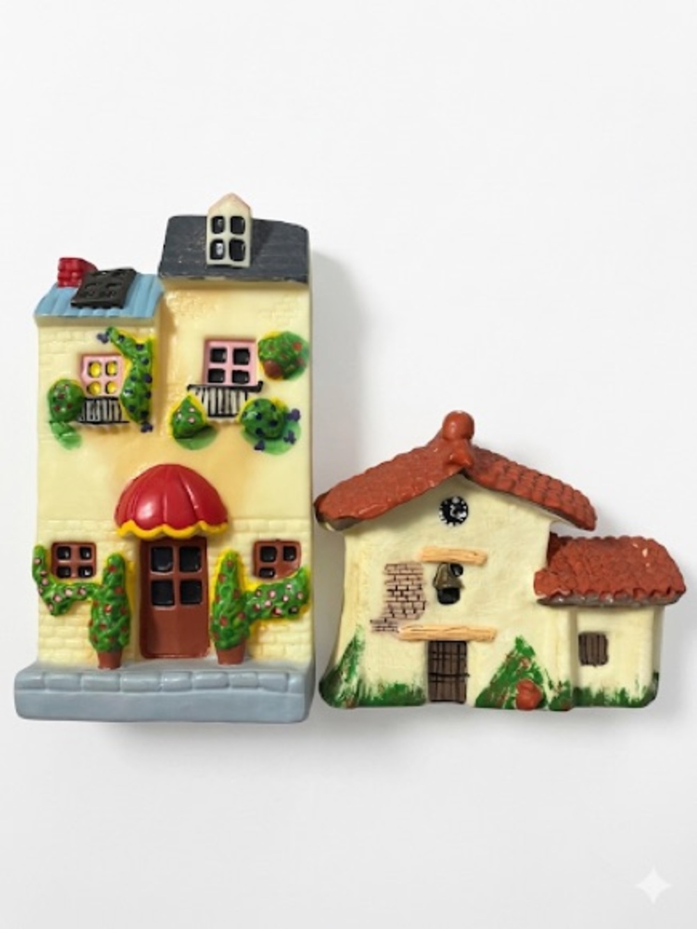 2 Miniature Ceramic House Magnet Set - Cream with Red Roof Accent